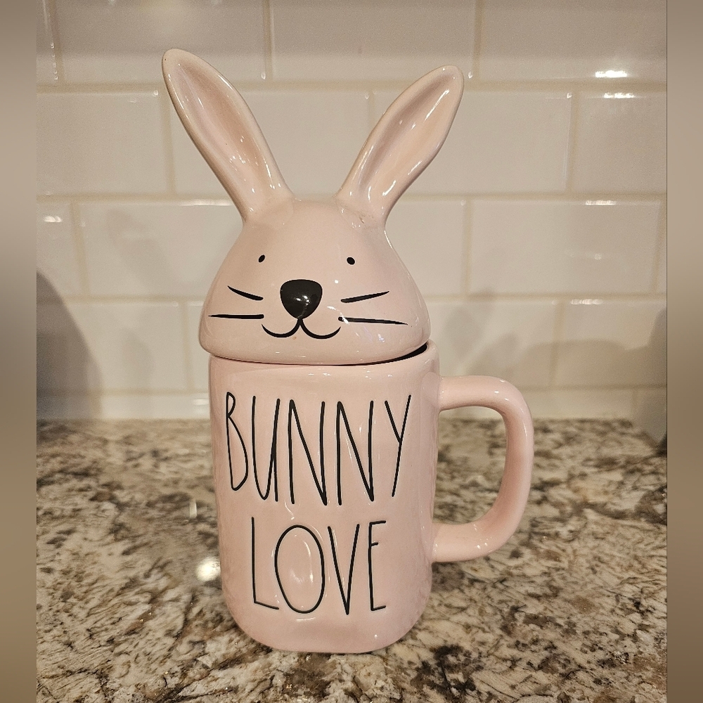 Rae Dunn Pink "Bunny Love" Mug And Lid Coffee Cup Easter - Picture 1 of 3